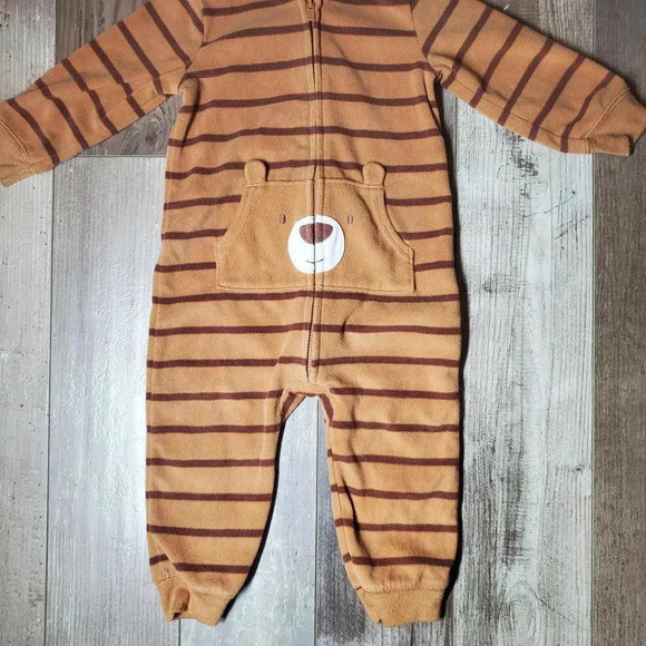 Just One You Carter's 12m Brown Striped Fleece Bear Jumpsuit Coverall Romper - Picture 7 of 12